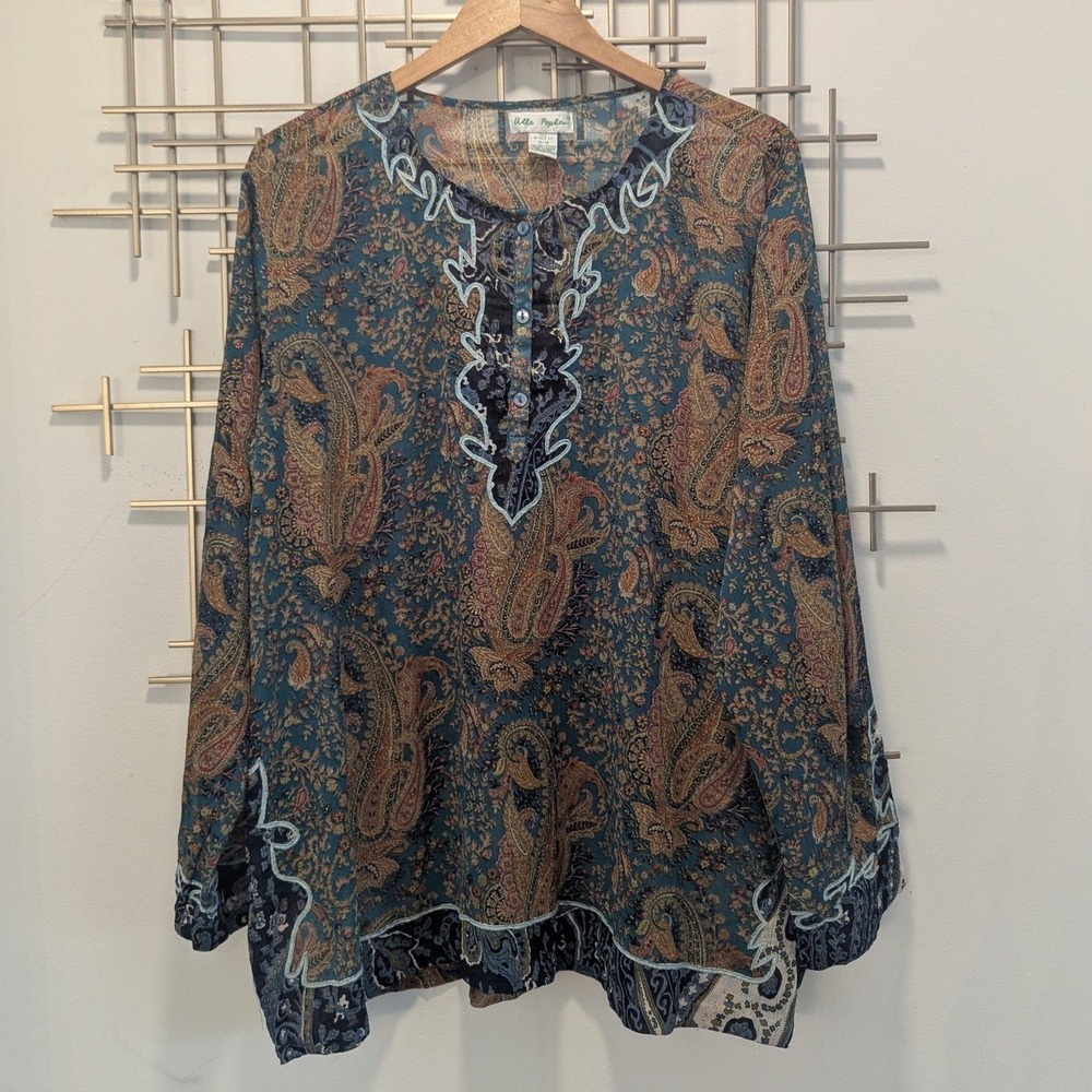 Ulla Popken Blouse Teal Paisley Embroidered Relaxed Fit Sz 16/18 Boho Flowy